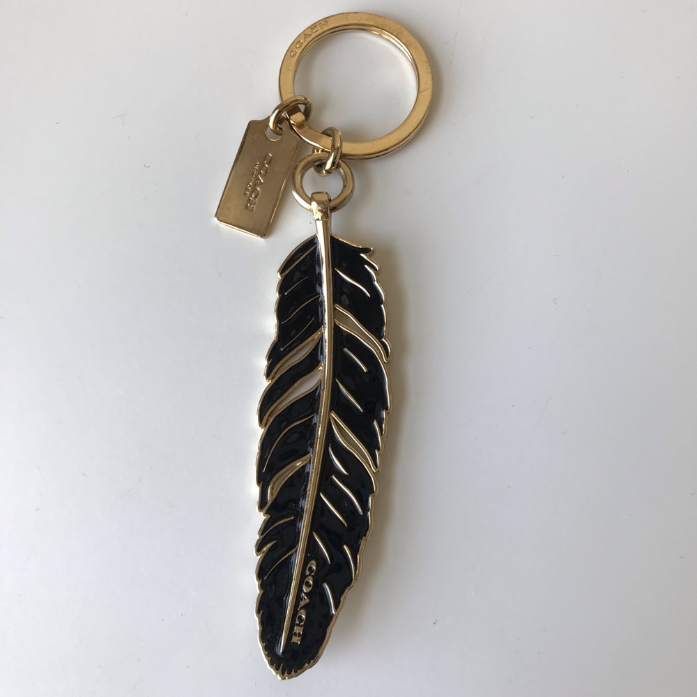 Coach Feather Key Ring Key Chain Bag Charm, 63873, Gold / Black, Enamel / Metal